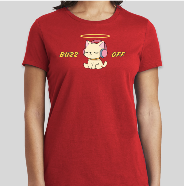 BHS Buzz Off t-shirt featuring a peaceful kitten under a halo wearing headphones.